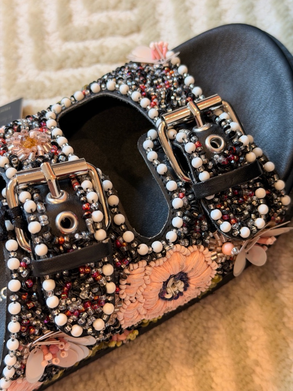 NEW House of Harlow 1960 Pink & Black Beaded Double-Buckle Slide Sandals - Picture 10 of 10